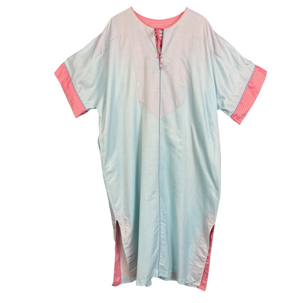 Vtg 80s Fernando Sanchez Caftan Womens M/L Blue Pink Hostess Gown Loungewear USA